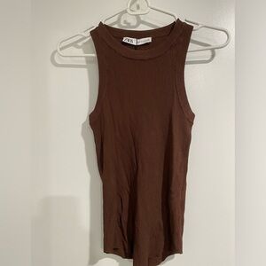 Zara high neck ribbed tank top brown. Size small